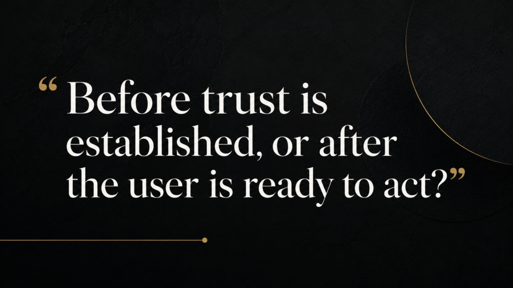 Quote card asking whether a brand should engage users before trust is established or after they are ready to act.