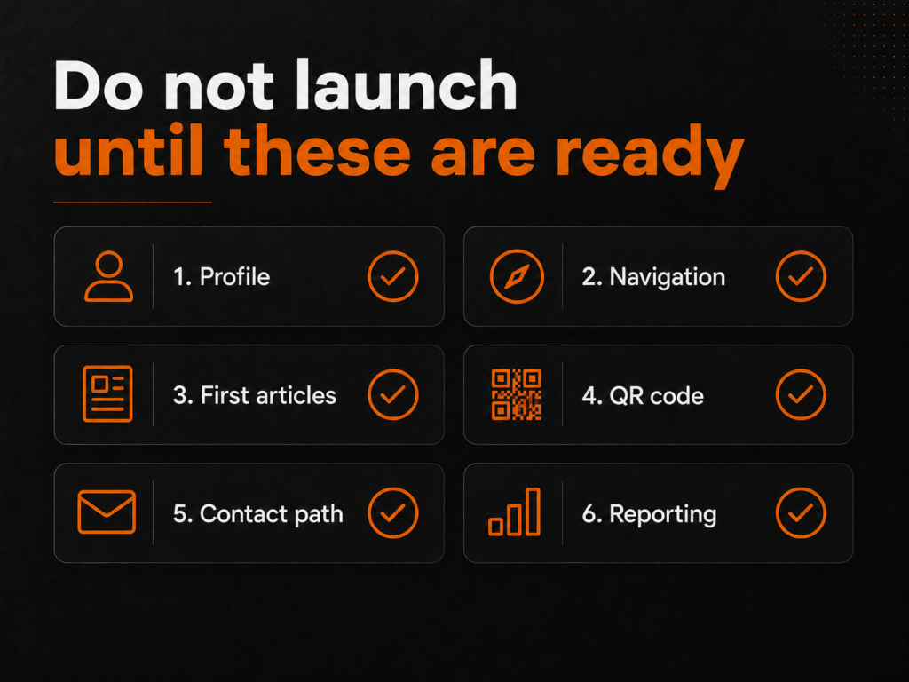 WeChat Official Account launch checklist showing six items to prepare before launch: profile, navigation, first articles, QR code, contact path and reporting.