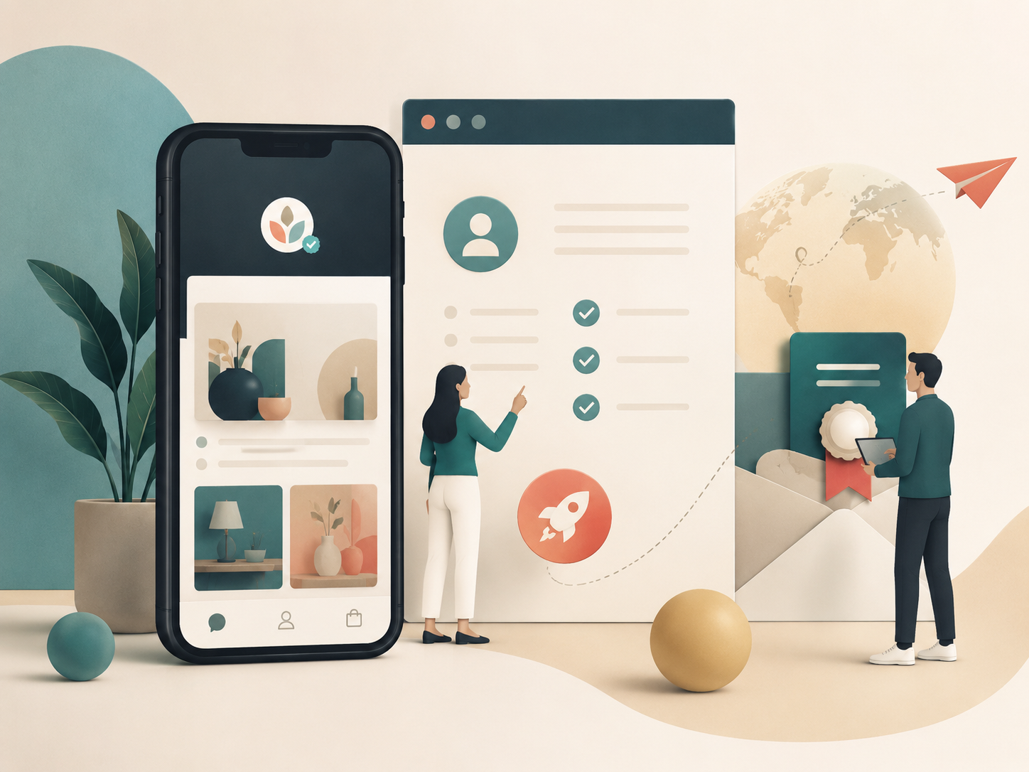 Illustration of a mobile interface and checklist representing WeChat Official Account setup and customer journey planning for foreign brands entering China.