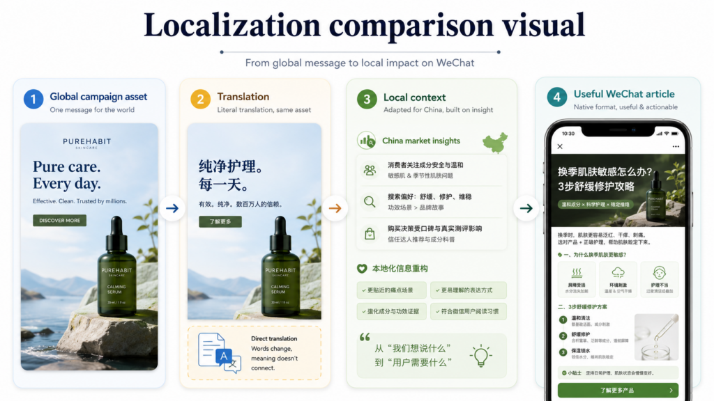 Comparison showing a global campaign asset translated into Chinese, adapted with local context, and developed into a useful WeChat article.