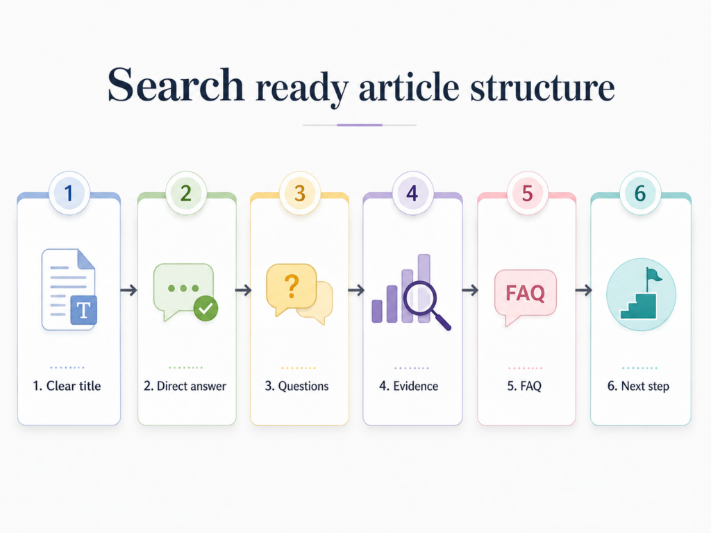 Infographic showing a search ready WeChat article structure with clear title, direct answer, questions, evidence, FAQ and next step.