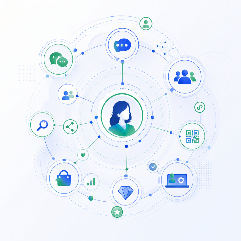 Illustration of a connected WeChat customer ecosystem with social, search, community, commerce, QR code and customer management touchpoints.