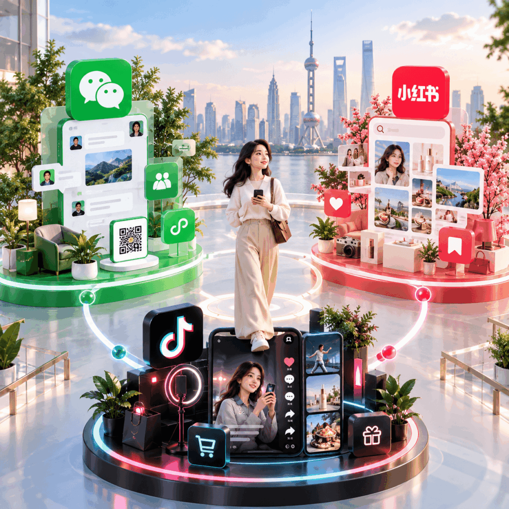 Illustration representing WeChat, Xiaohongshu and Douyin as connected parts of the Chinese digital customer journey.